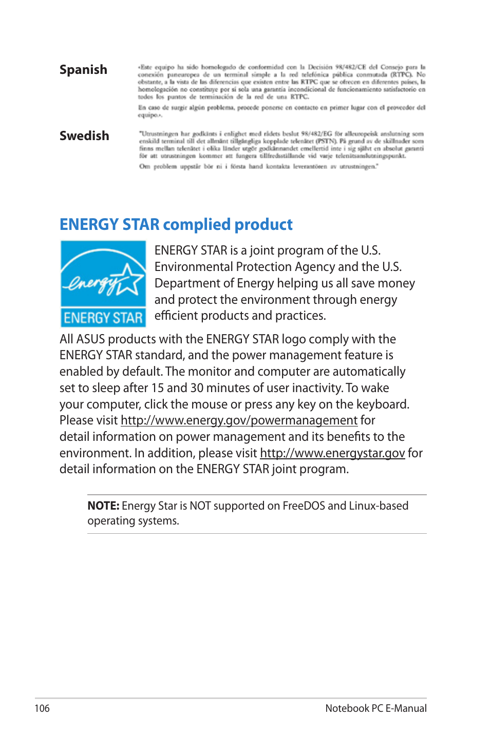 Energy star complied product | Asus TAICHI31 User Manual | Page 106 / 110