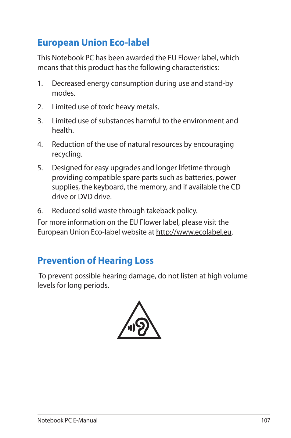 European union eco-label, Prevention of hearing loss | Asus TAICHI31 User Manual | Page 107 / 110