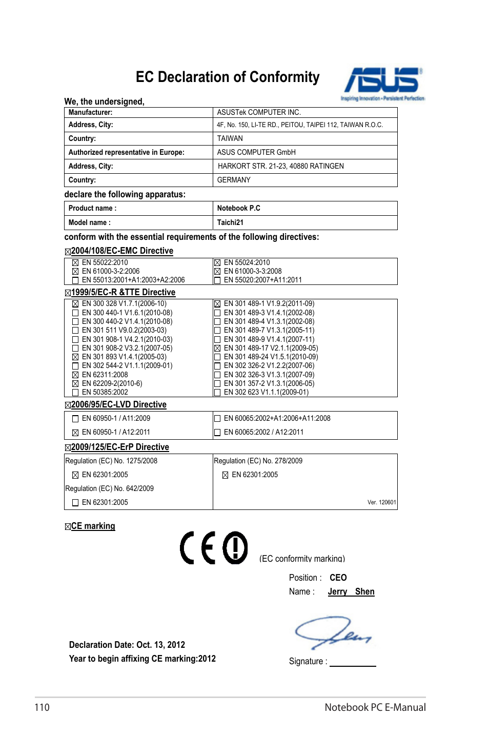 Ec declaration of conformity | Asus TAICHI31 User Manual | Page 110 / 110