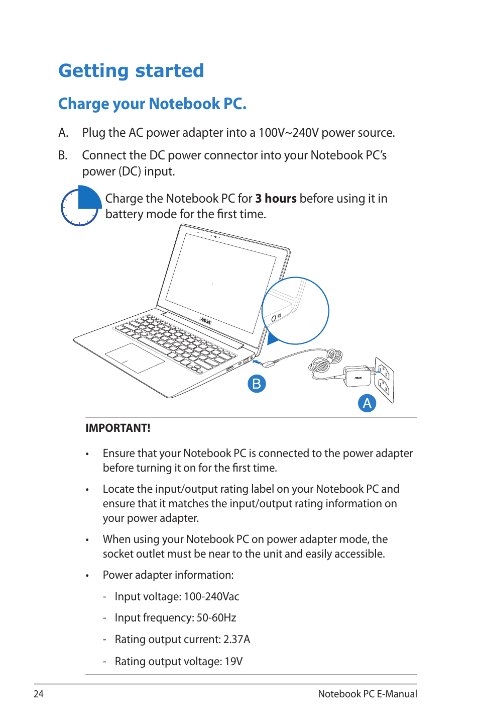 Getting started, Charge your notebook pc | Asus TAICHI31 User Manual | Page 24 / 110