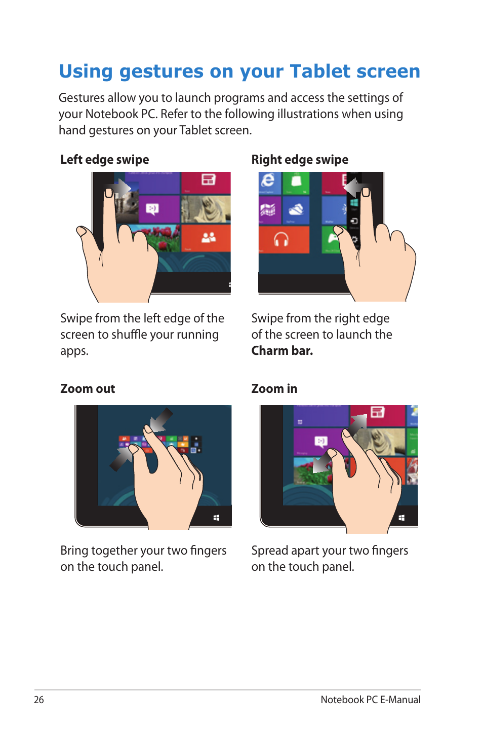 Using gestures on your tablet screen | Asus TAICHI31 User Manual | Page 26 / 110