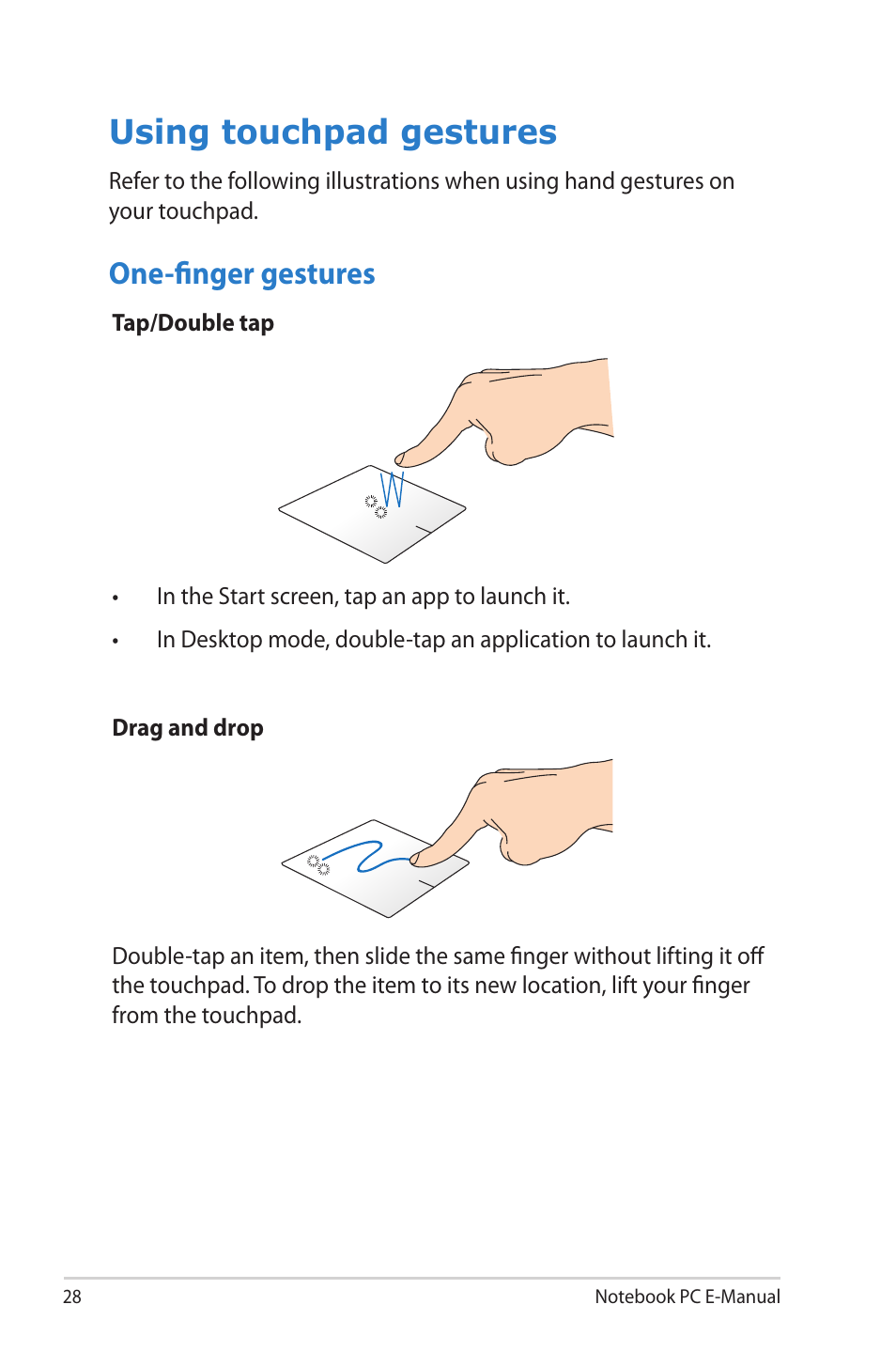 Using touchpad gestures, One-finger gestures | Asus TAICHI31 User Manual | Page 28 / 110