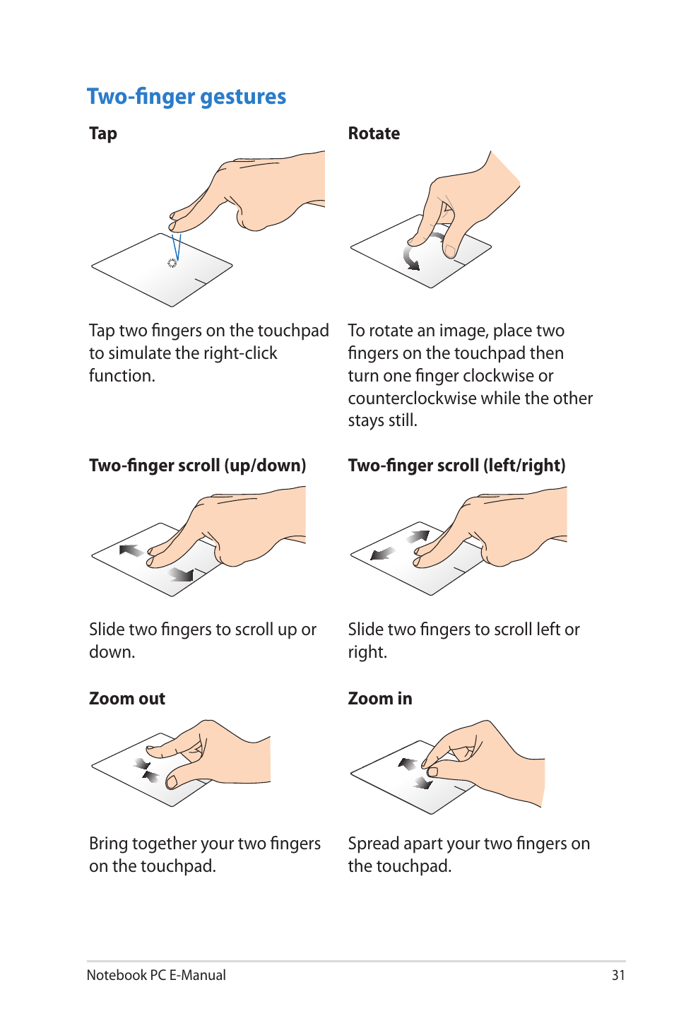 Two-finger gestures | Asus TAICHI31 User Manual | Page 31 / 110