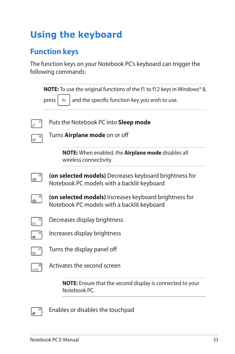 Using the keyboard, Function keys | Asus TAICHI31 User Manual | Page 33 / 110