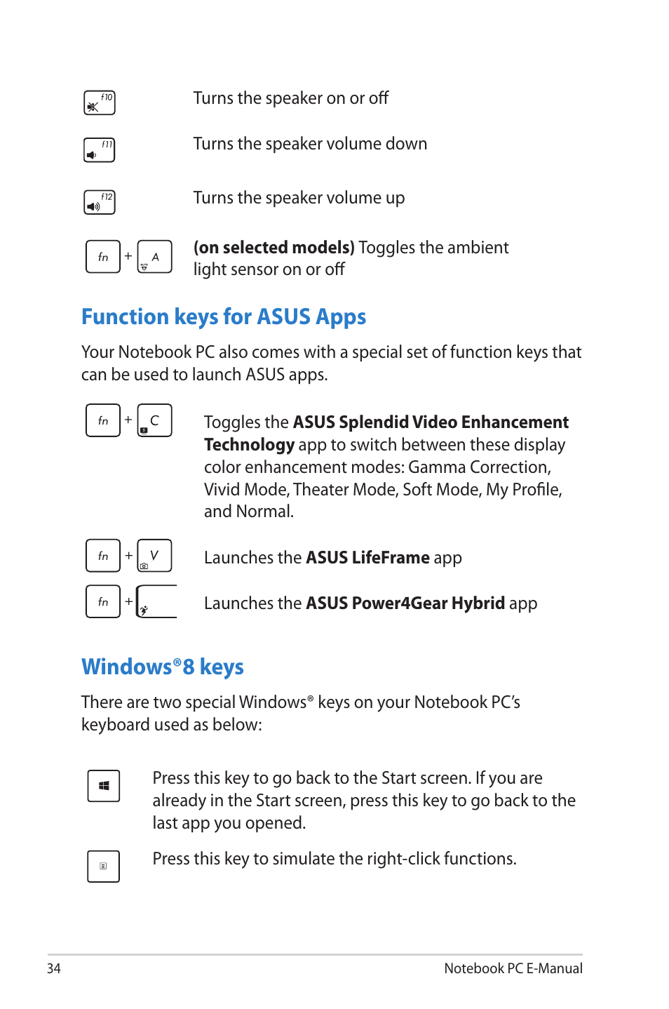 Function keys for asus apps, Windows®8 keys, Function keys for asus apps windows®8 keys | Asus TAICHI31 User Manual | Page 34 / 110