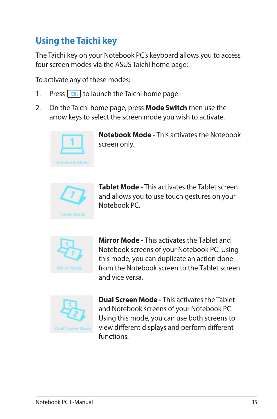 Using the taichi key | Asus TAICHI31 User Manual | Page 35 / 110