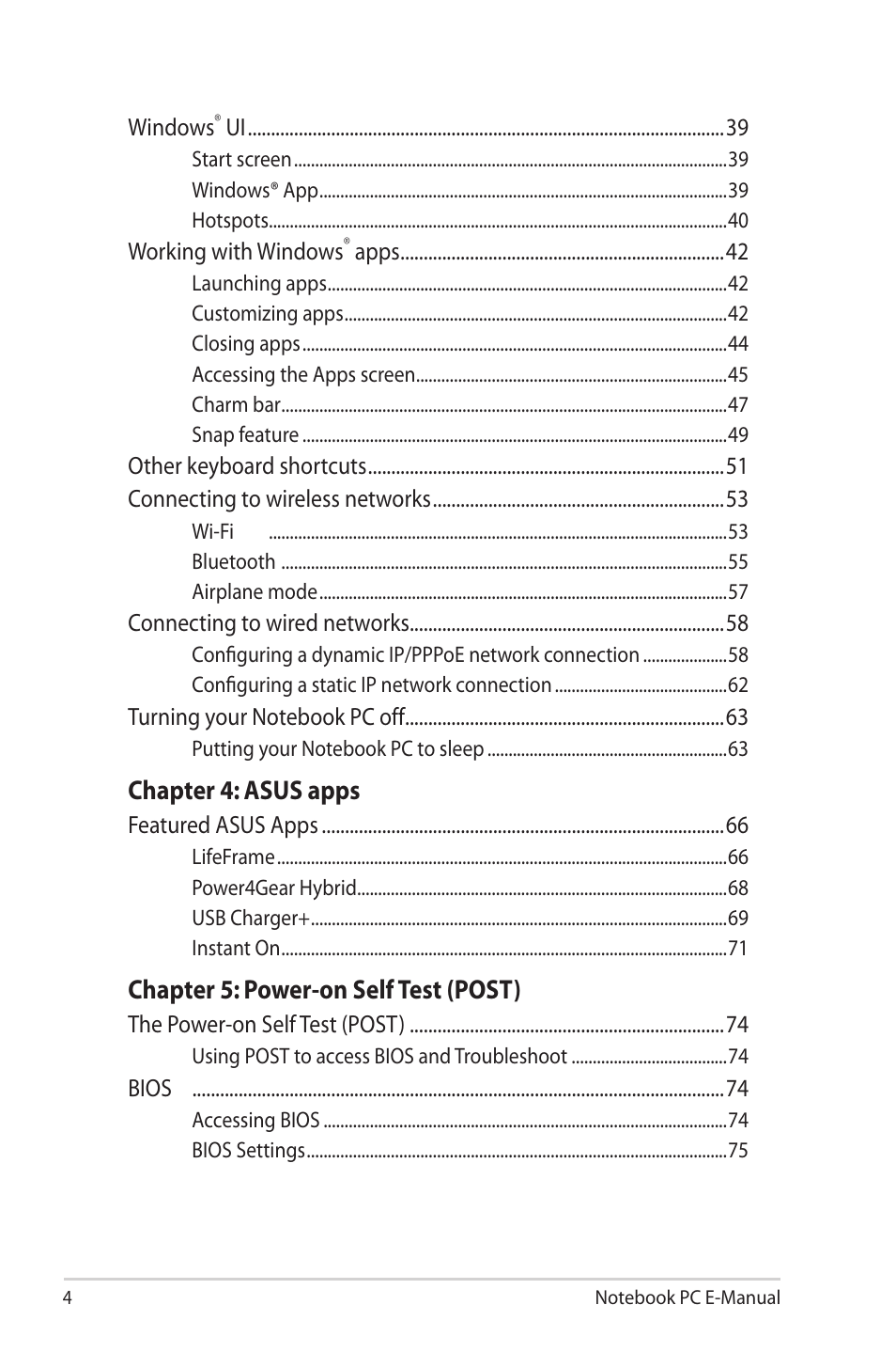 Chapter 4: asus apps, Chapter 5: power-on self test (post) | Asus TAICHI31 User Manual | Page 4 / 110