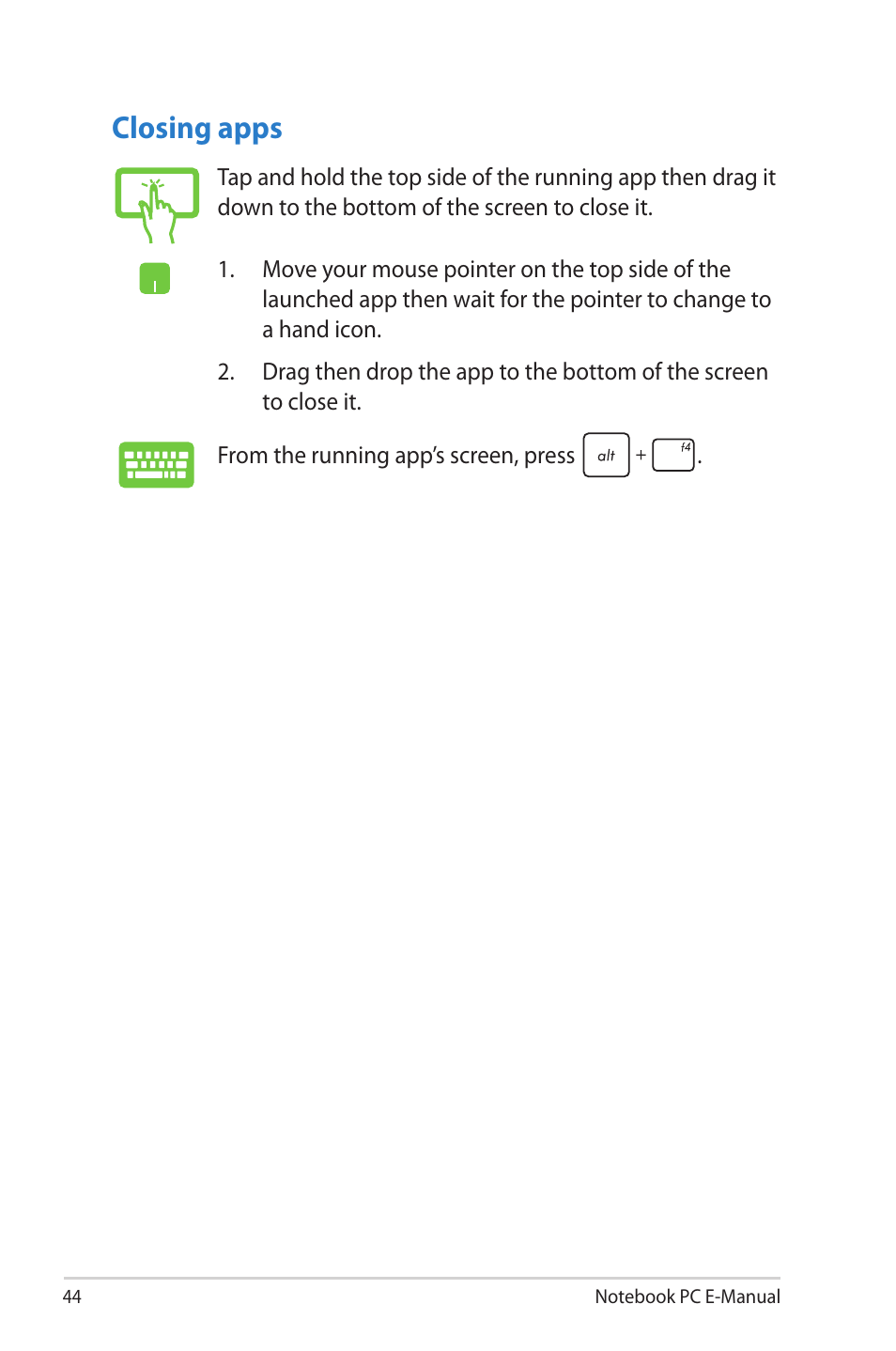 Closing apps | Asus TAICHI31 User Manual | Page 44 / 110