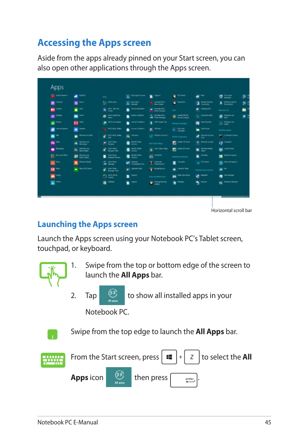 Accessing the apps screen | Asus TAICHI31 User Manual | Page 45 / 110