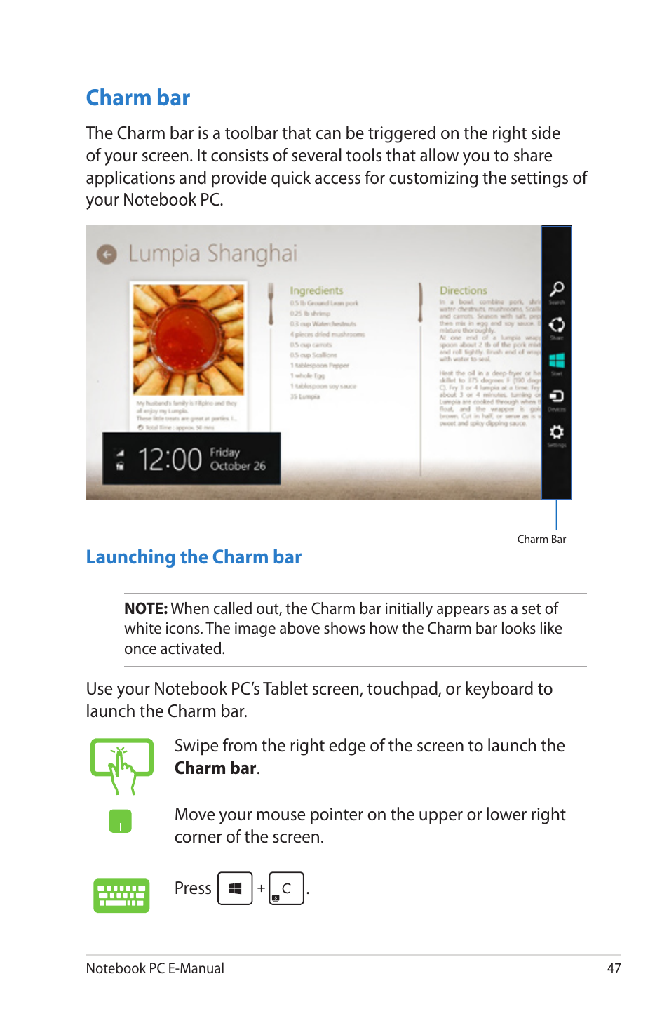 Charm bar | Asus TAICHI31 User Manual | Page 47 / 110