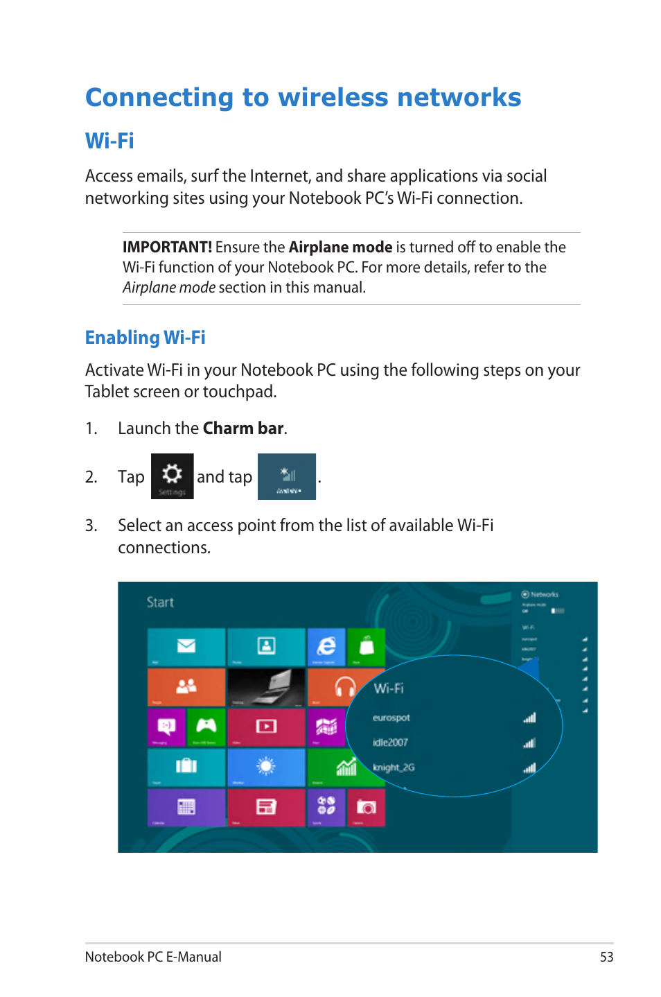 Connecting to wireless networks, Wi-fi | Asus TAICHI31 User Manual | Page 53 / 110