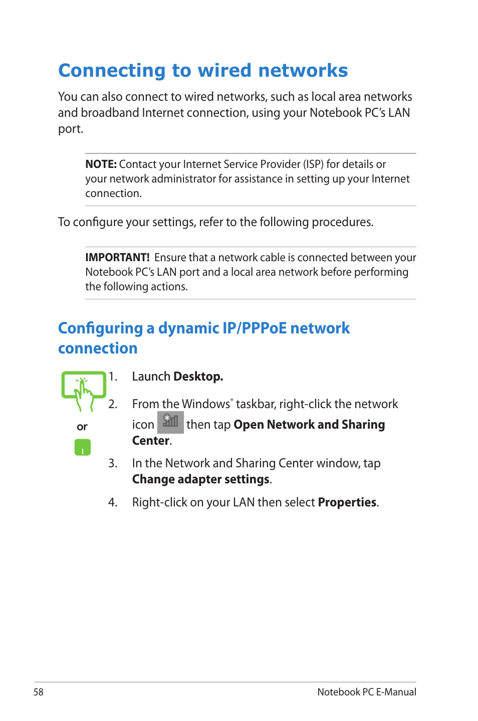 Connecting to wired networks, Configuring a dynamic ip/pppoe network connection | Asus TAICHI31 User Manual | Page 58 / 110