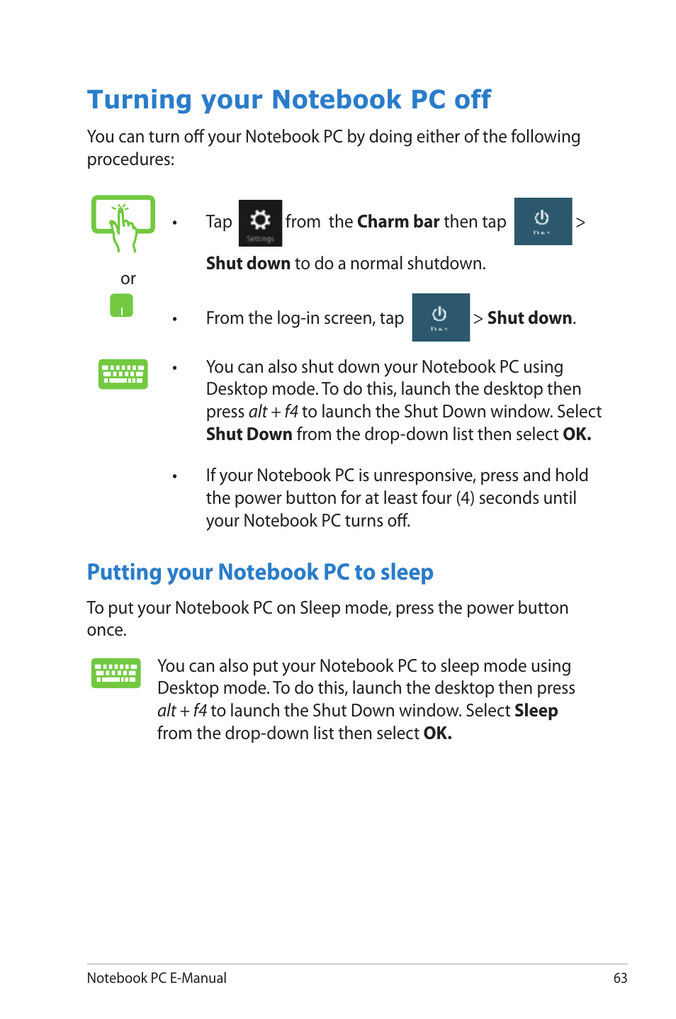 Turning your notebook pc off, Putting your notebook pc to sleep | Asus TAICHI31 User Manual | Page 63 / 110