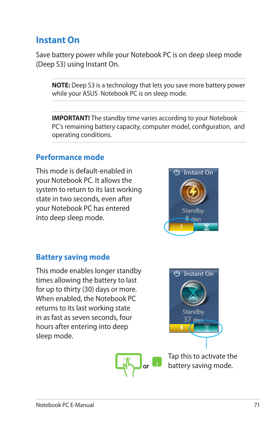 Instant on | Asus TAICHI31 User Manual | Page 71 / 110