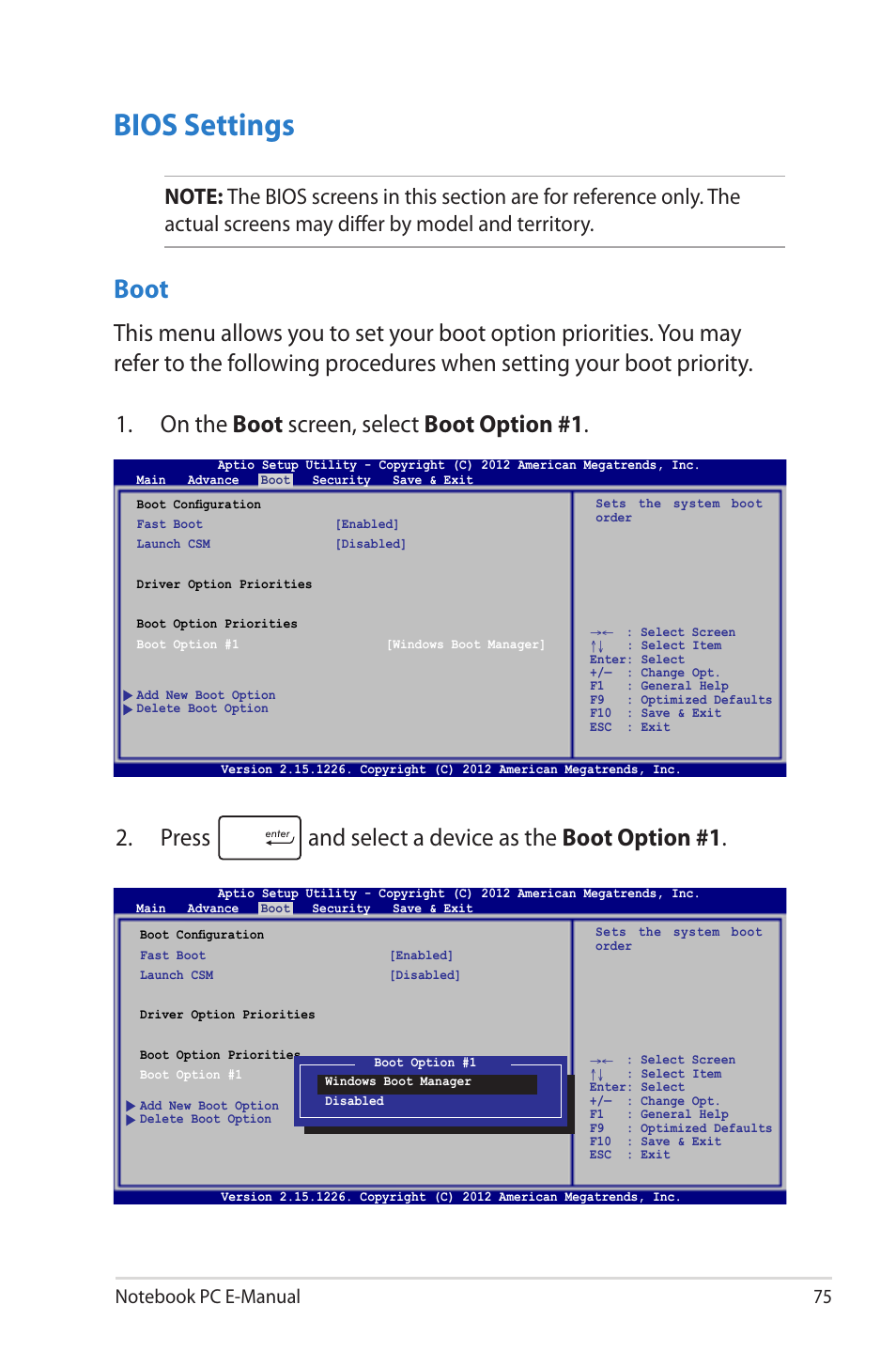 Bios settings, Boot | Asus TAICHI31 User Manual | Page 75 / 110