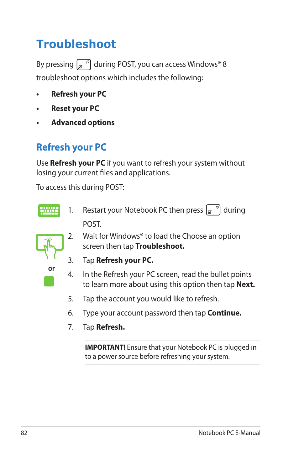 Troubleshoot, Refresh your pc | Asus TAICHI31 User Manual | Page 82 / 110