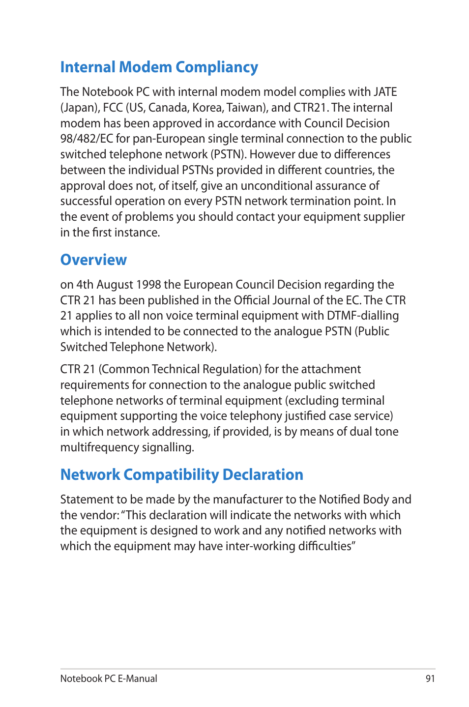 Internal modem compliancy, Overview, Network compatibility declaration | Asus TAICHI31 User Manual | Page 91 / 110