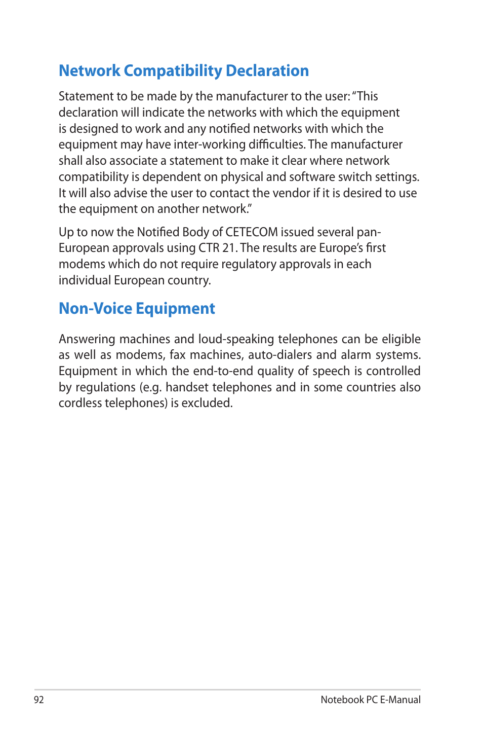 Network compatibility declaration, Non-voice equipment | Asus TAICHI31 User Manual | Page 92 / 110