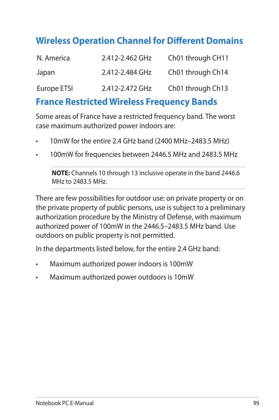 Wireless operation channel for different domains, France restricted wireless frequency bands | Asus TAICHI31 User Manual | Page 99 / 110