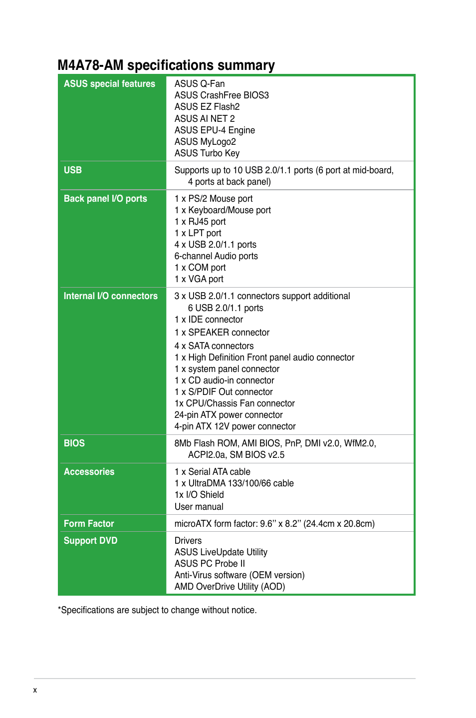 M4a78-am specifications summary | Asus M4A78-AM User Manual | Page 10 / 64