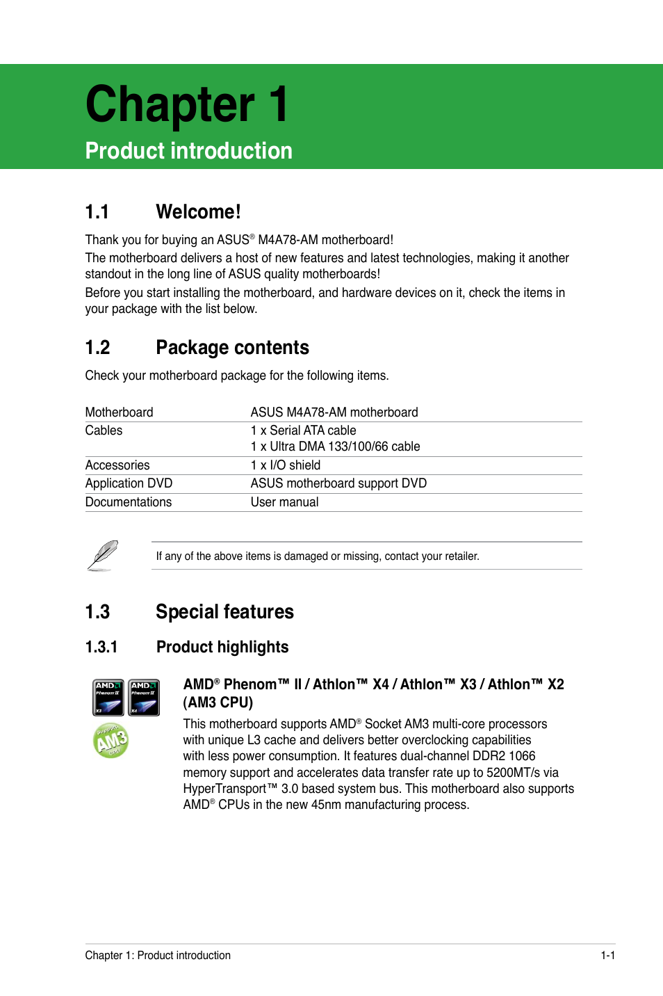 Chapter 1, Product introduction, 2 package contents | 3 special features, 1 welcome | Asus M4A78-AM User Manual | Page 11 / 64