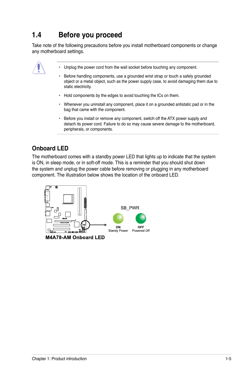 4 before you proceed, Onboard led | Asus M4A78-AM User Manual | Page 15 / 64
