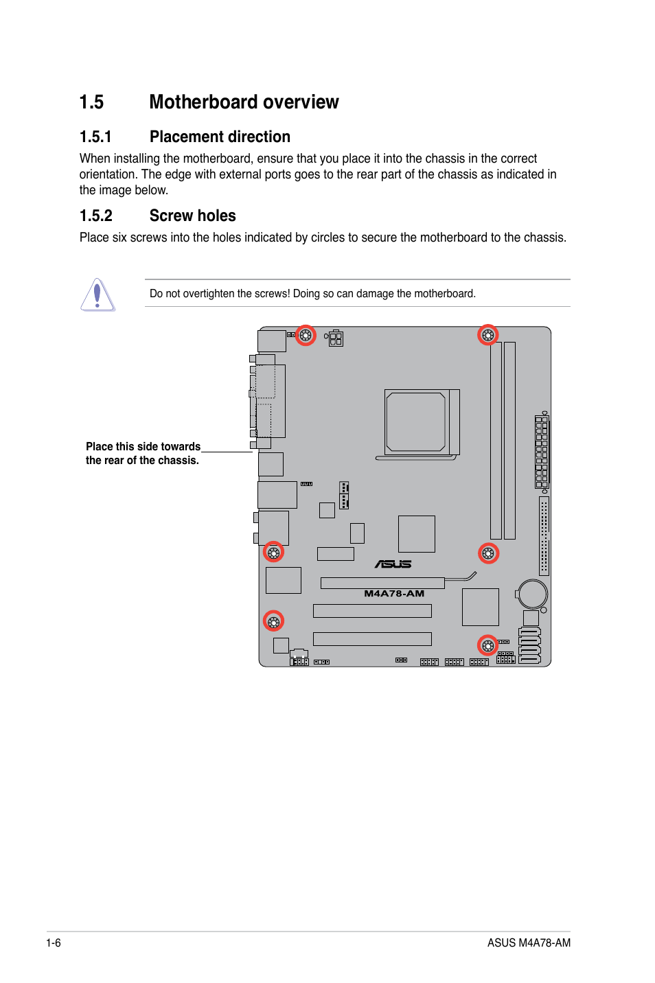5 motherboard overview, 1 placement direction, 2 screw holes | Asus M4A78-AM User Manual | Page 16 / 64