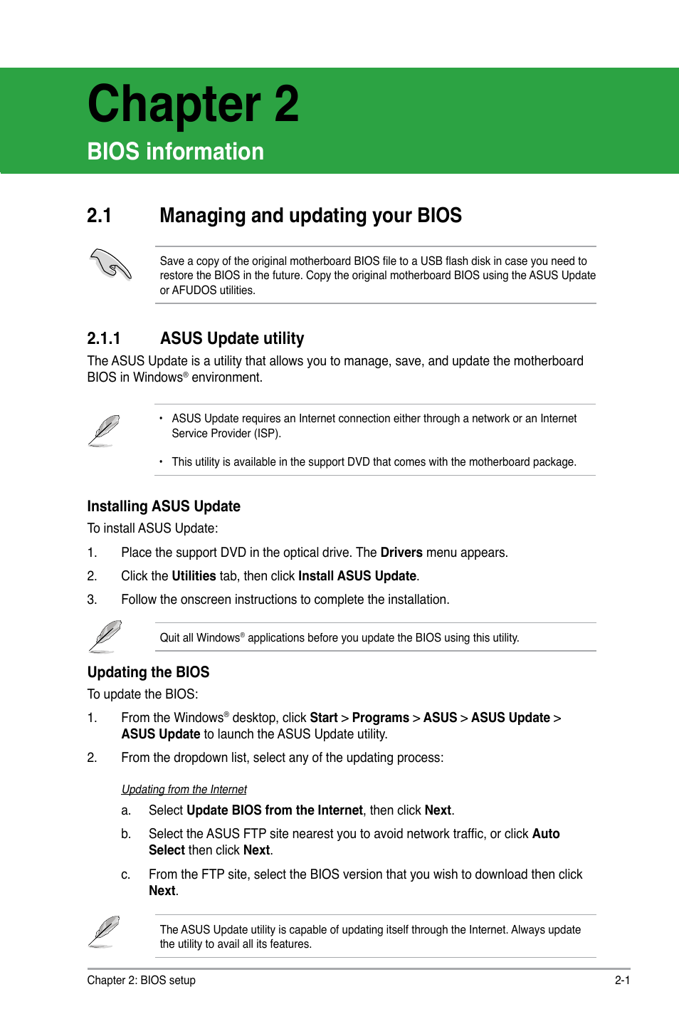 Chapter 2, Bios information, 1 managing and updating your bios | 1 asus update utility | Asus M4A78-AM User Manual | Page 43 / 64