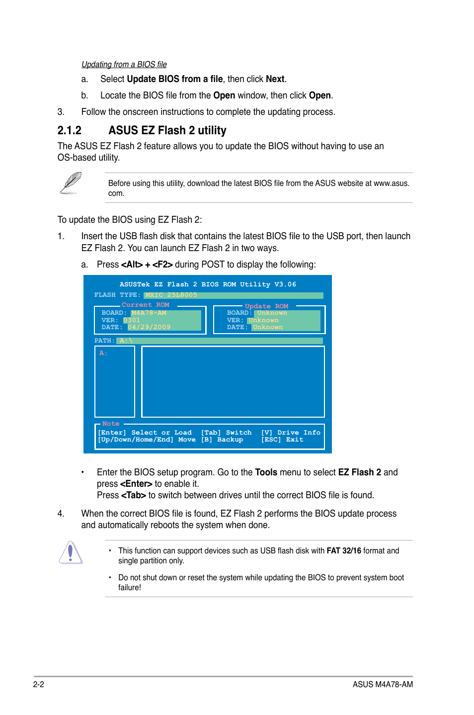 2 asus ez flash 2 utility | Asus M4A78-AM User Manual | Page 44 / 64