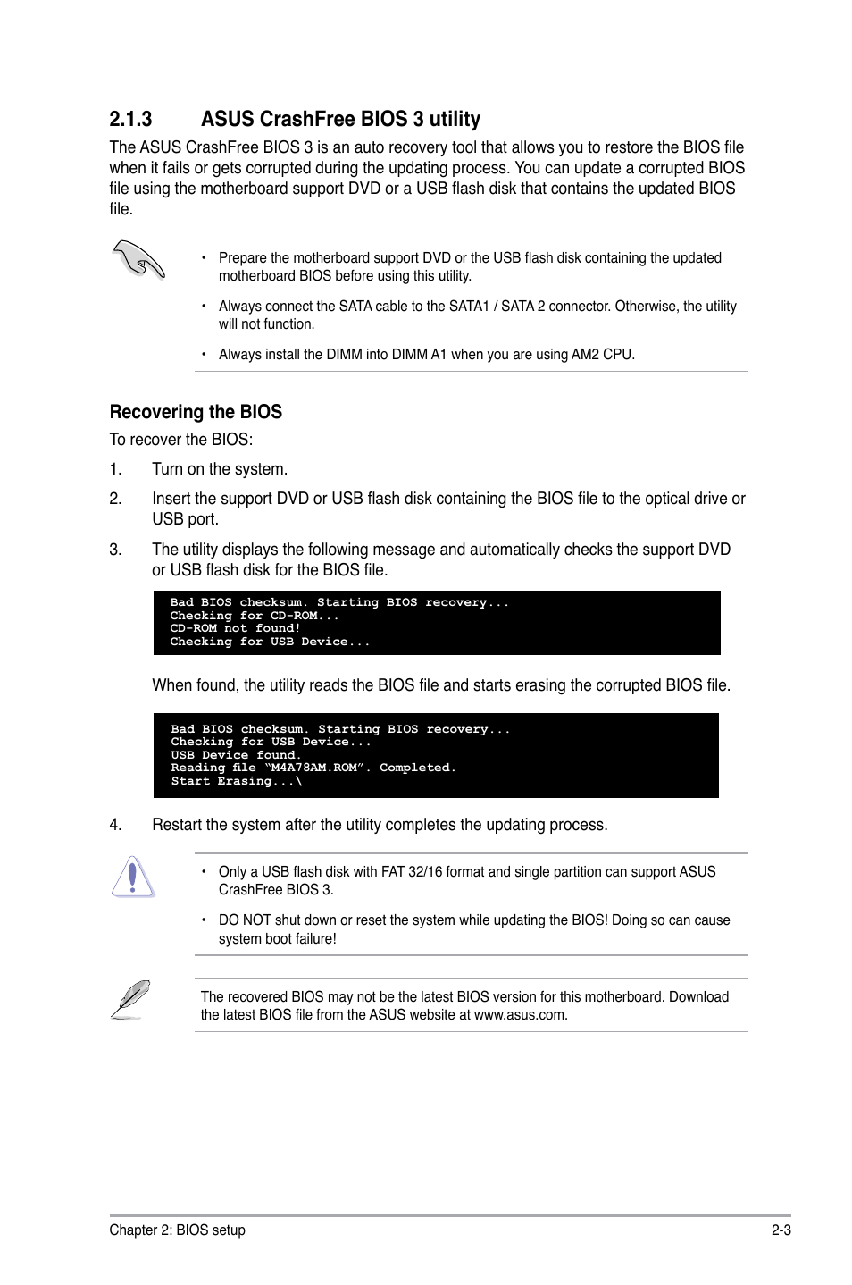 3 asus crashfree bios 3 utility, Recovering the bios | Asus M4A78-AM User Manual | Page 45 / 64