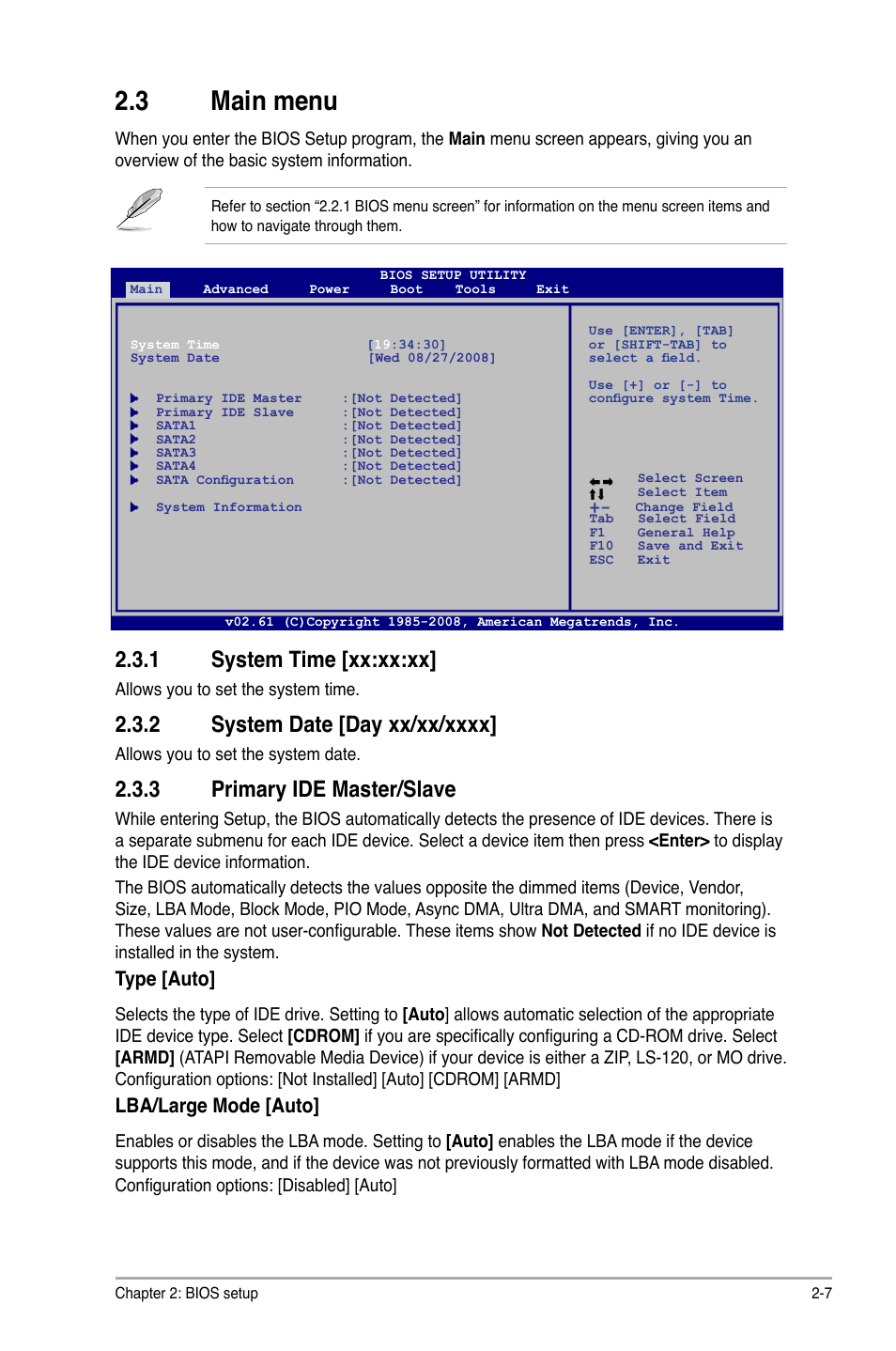 3 main menu, 1 system time [xx:xx:xx, 3 primary ide master/slave | Type [auto, Lba/large mode [auto | Asus M4A78-AM User Manual | Page 49 / 64