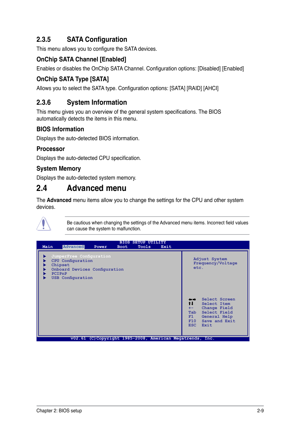 4 advanced menu, 5 sata configuration, 6 system information | Onchip sata channel [enabled, Onchip sata type [sata, Bios information, Processor | Asus M4A78-AM User Manual | Page 51 / 64