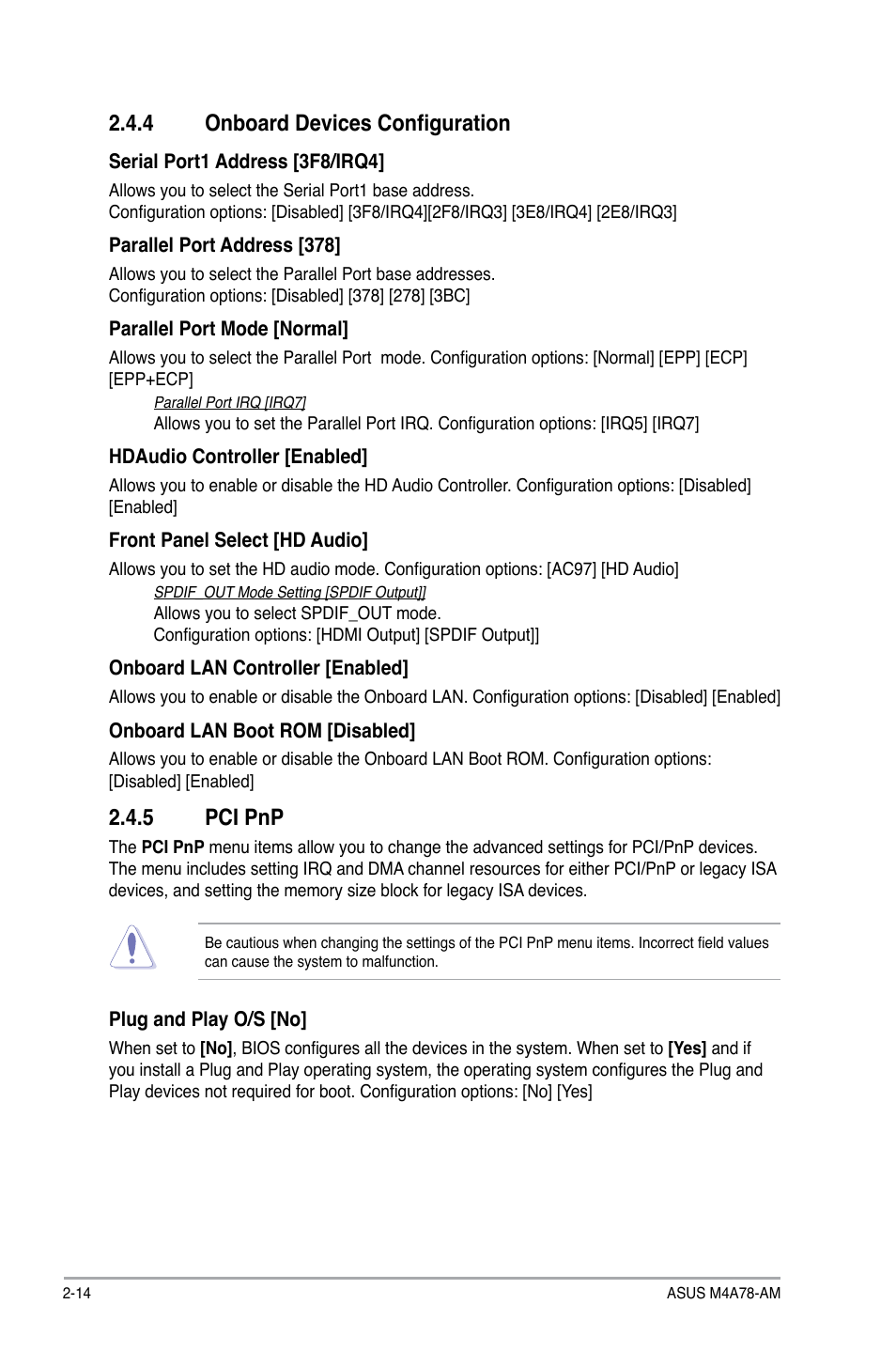 4 onboard devices configuration, 5 pci pnp | Asus M4A78-AM User Manual | Page 56 / 64