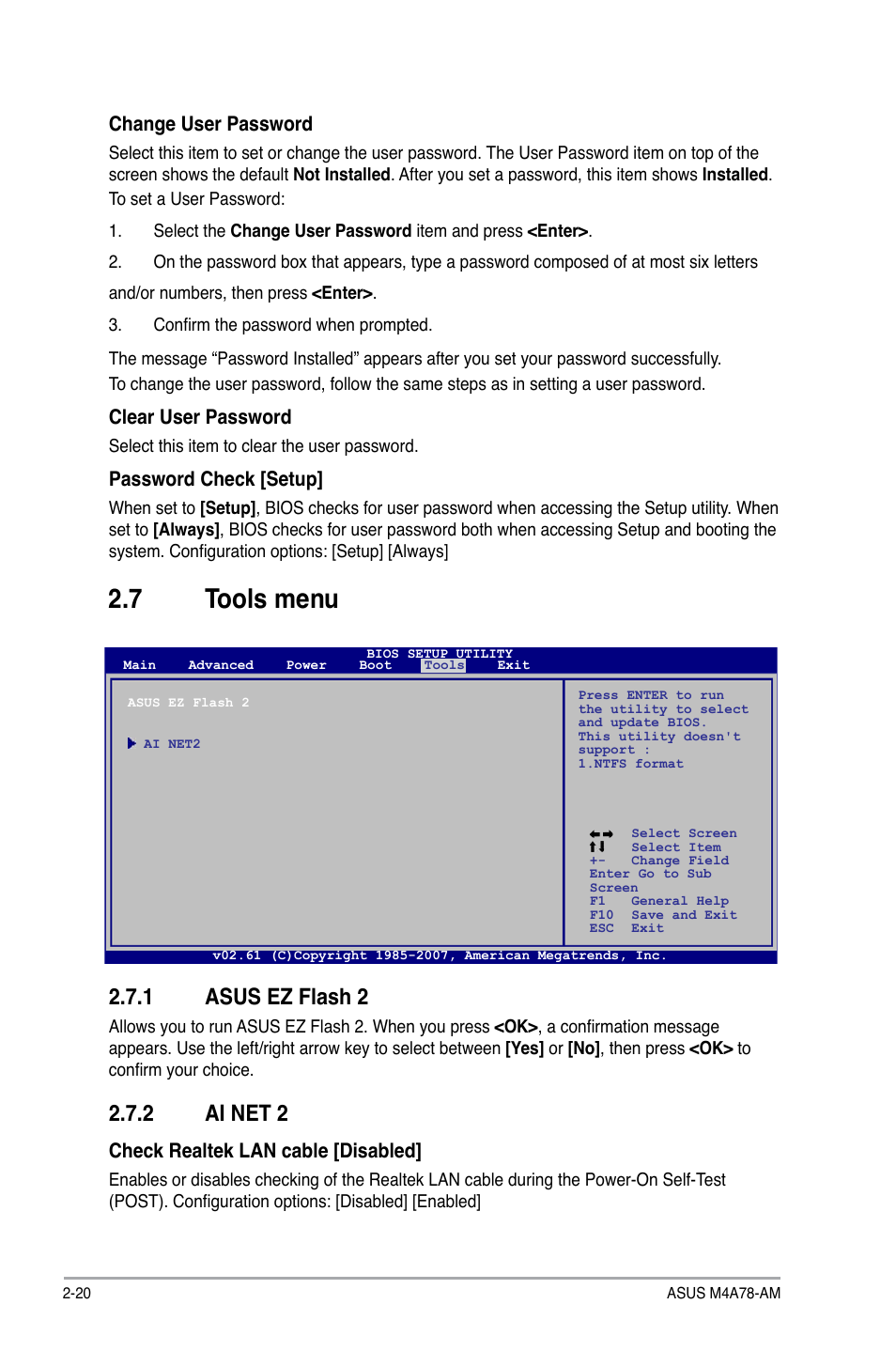 7 tools menu, 1 asus ez flash 2, 2 ai net 2 | Asus M4A78-AM User Manual | Page 62 / 64