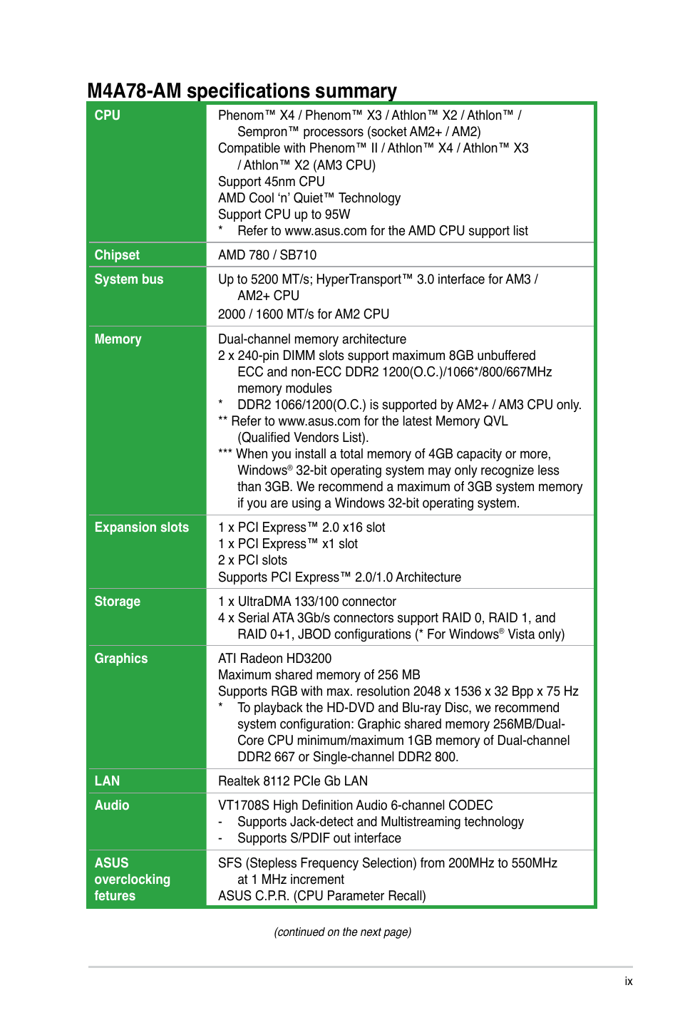 M4a78-am specifications summary | Asus M4A78-AM User Manual | Page 9 / 64