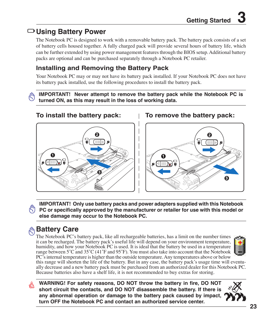 Using battery power, Battery care | Asus W6F User Manual | Page 23 / 75