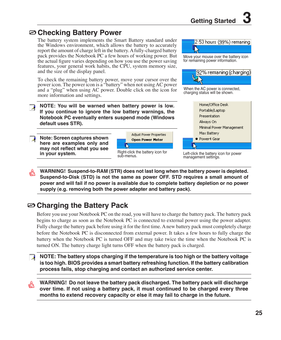 Checking battery power, Charging the battery pack, 25 getting started | Asus W6F User Manual | Page 25 / 75