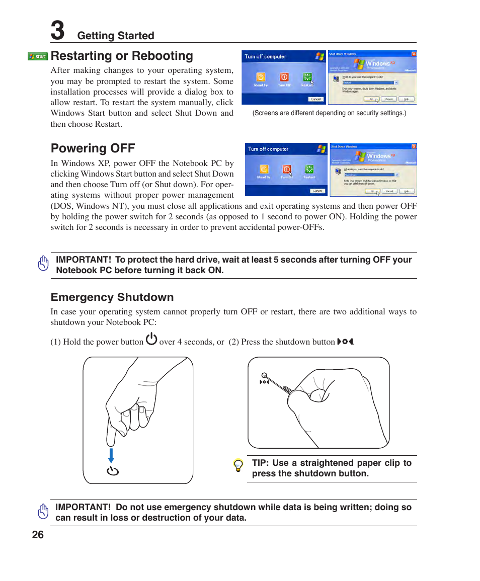 Restarting or rebooting, Powering off | Asus W6F User Manual | Page 26 / 75