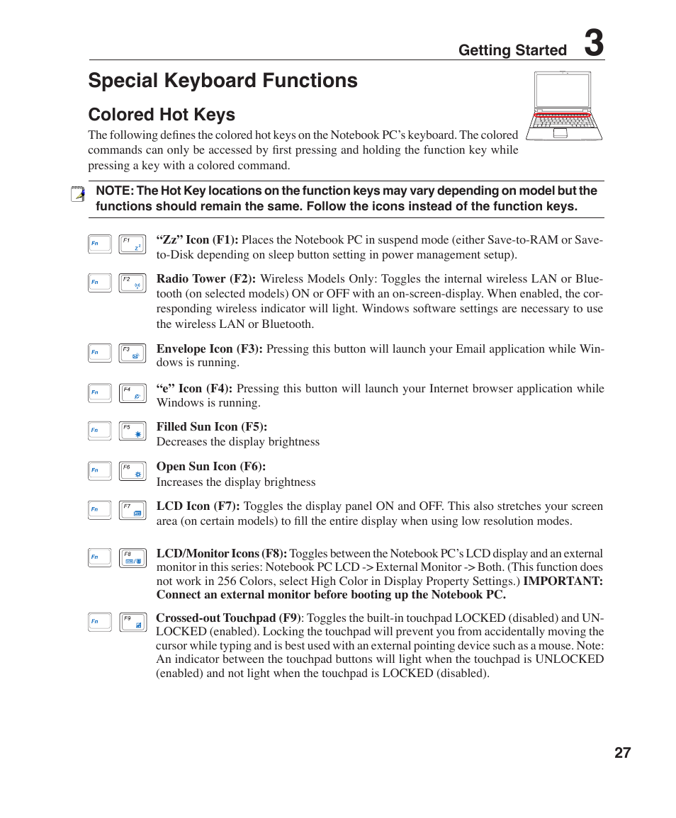 Special keyboard functions, Colored hot keys | Asus W6F User Manual | Page 27 / 75