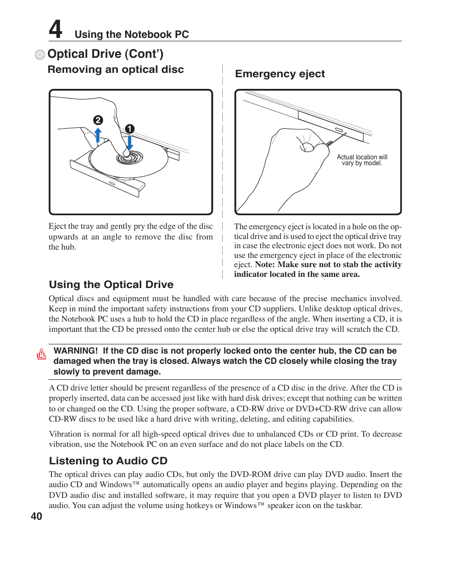 Optical drive (cont’) | Asus W6F User Manual | Page 40 / 75