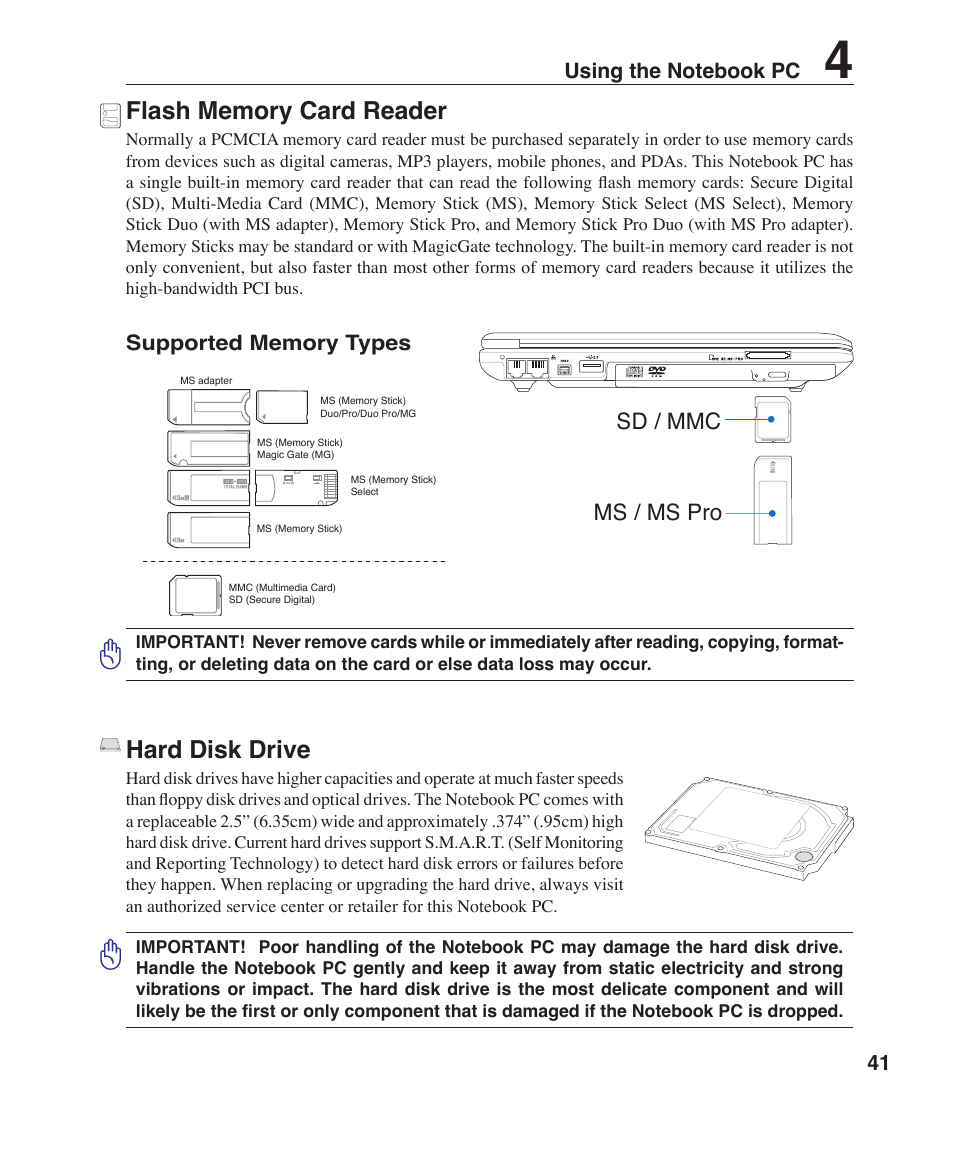 Hard disk drive, Sd / mmc ms / ms pro | Asus W6F User Manual | Page 41 / 75