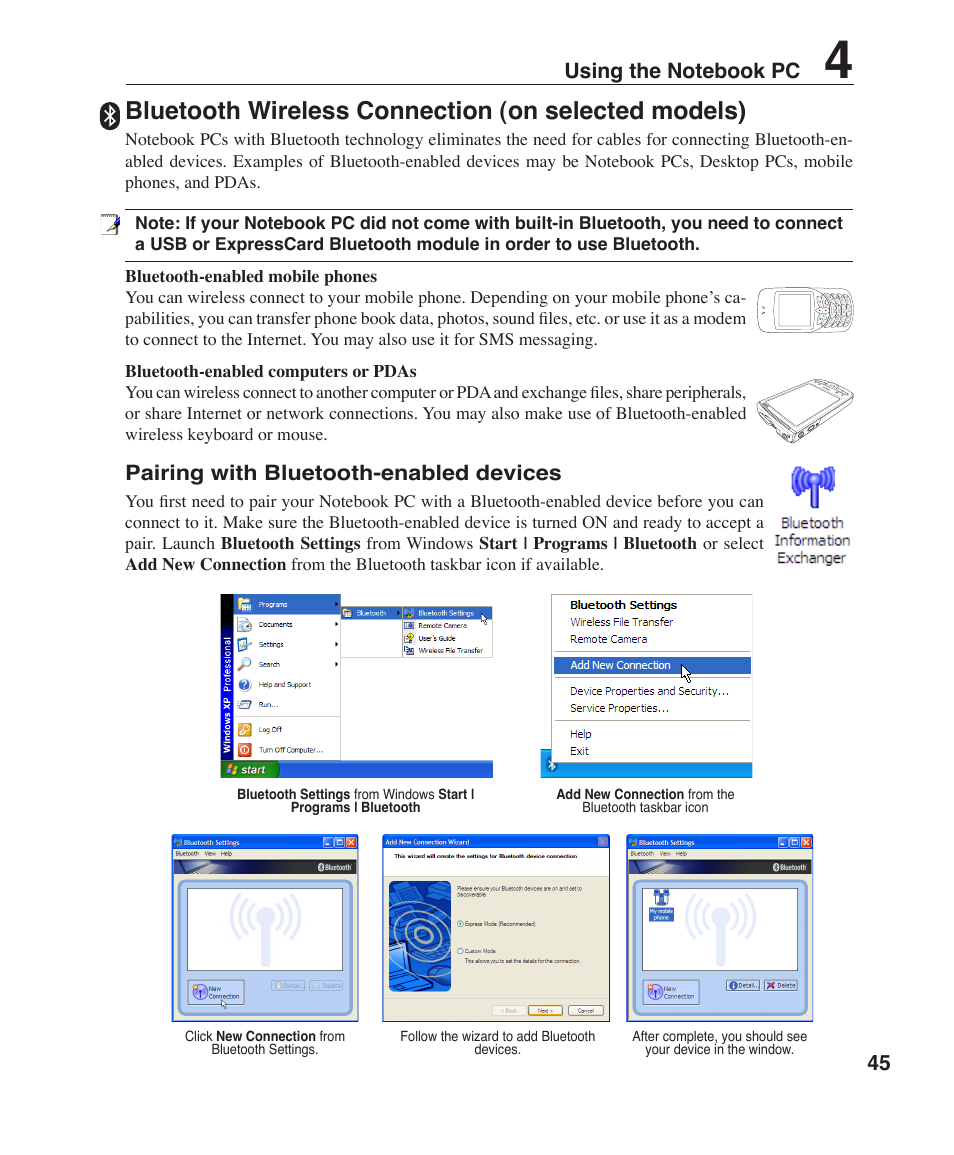 Bluetooth wireless connection (on selected models), Pairing with bluetooth-enabled devices | Asus W6F User Manual | Page 45 / 75