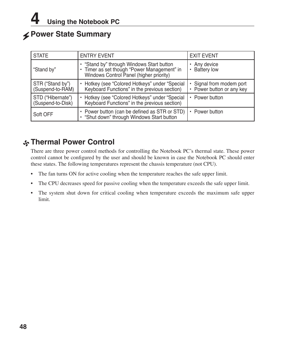 Thermal power control, Power state summary | Asus W6F User Manual | Page 48 / 75