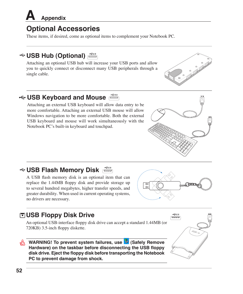Optional accessories, Usb hub (optional), Usb keyboard and mouse | Usb floppy disk drive | Asus W6F User Manual | Page 52 / 75