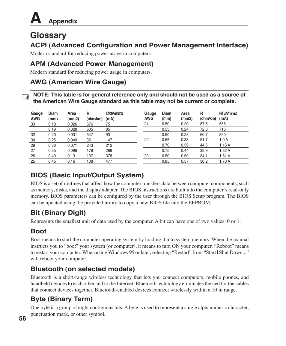 Glossary, Appendix, Apm (advanced power management) | Awg (american wire gauge), Bios (basic input/output system), Bit (binary digit), Boot, Bluetooth (on selected models), Byte (binary term) | Asus W6F User Manual | Page 56 / 75