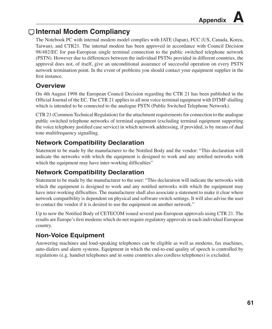 Internal modem compliancy | Asus W6F User Manual | Page 61 / 75