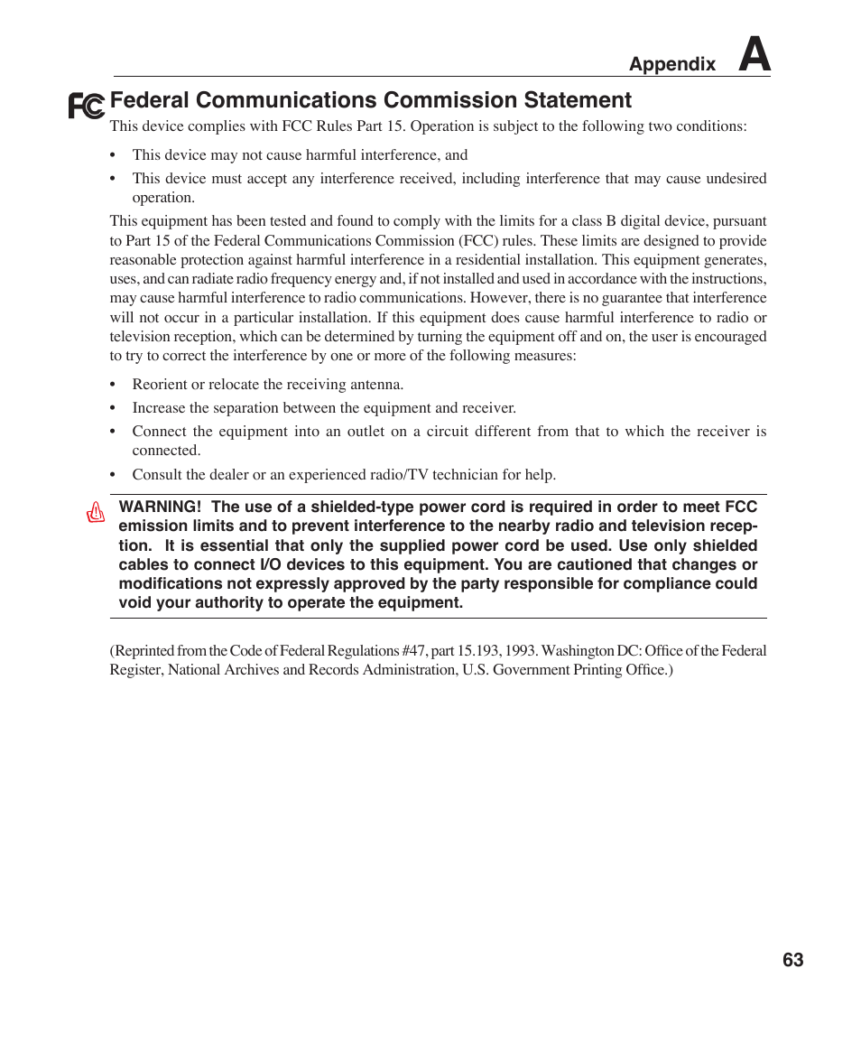 Federal communications commission statement | Asus W6F User Manual | Page 63 / 75