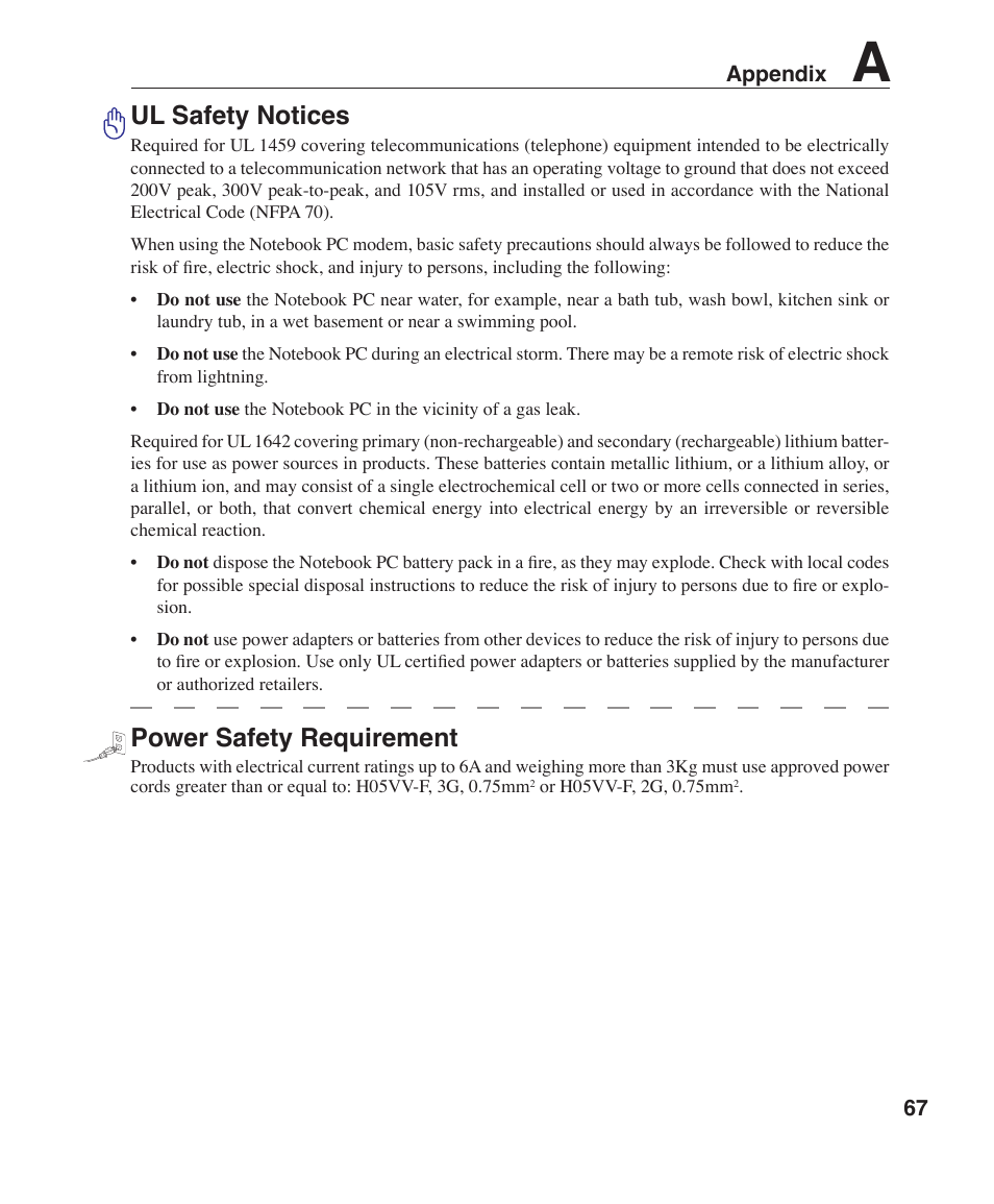 Ul safety notices, Power safety requirement | Asus W6F User Manual | Page 67 / 75