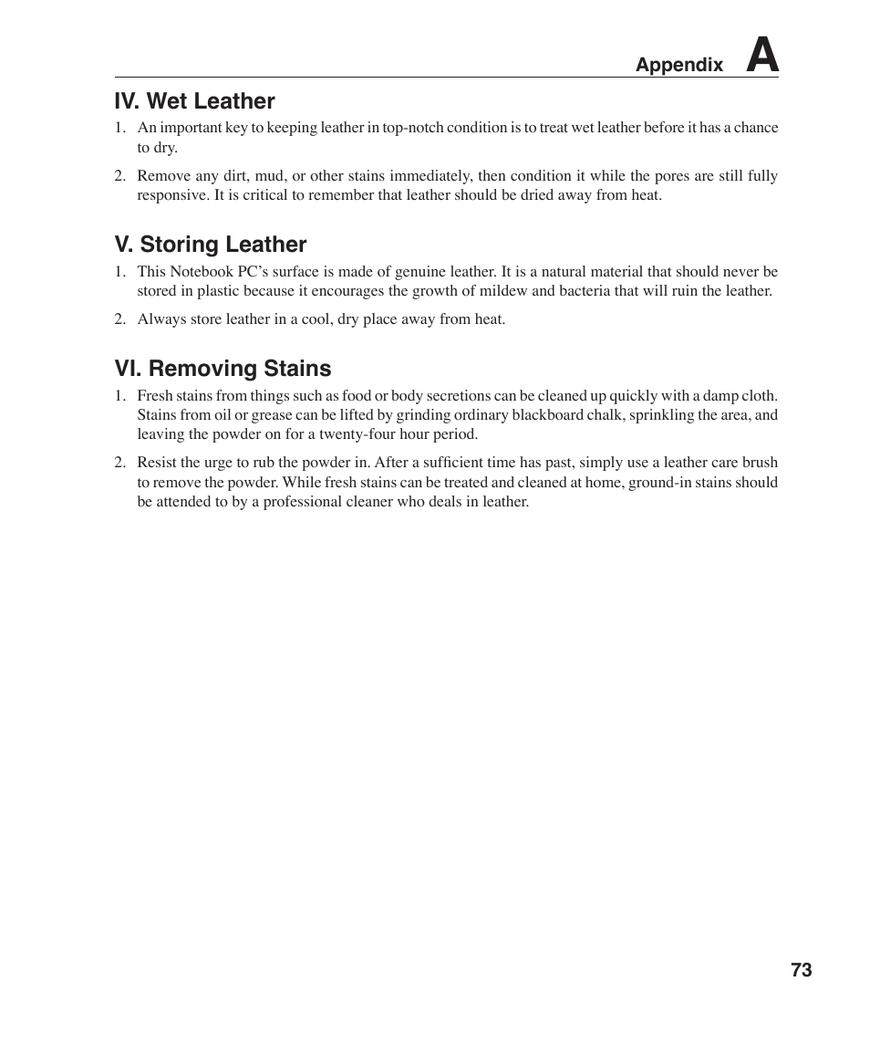 Iv. wet leather, V. storing leather, Vi. removing stains | Asus W6F User Manual | Page 73 / 75