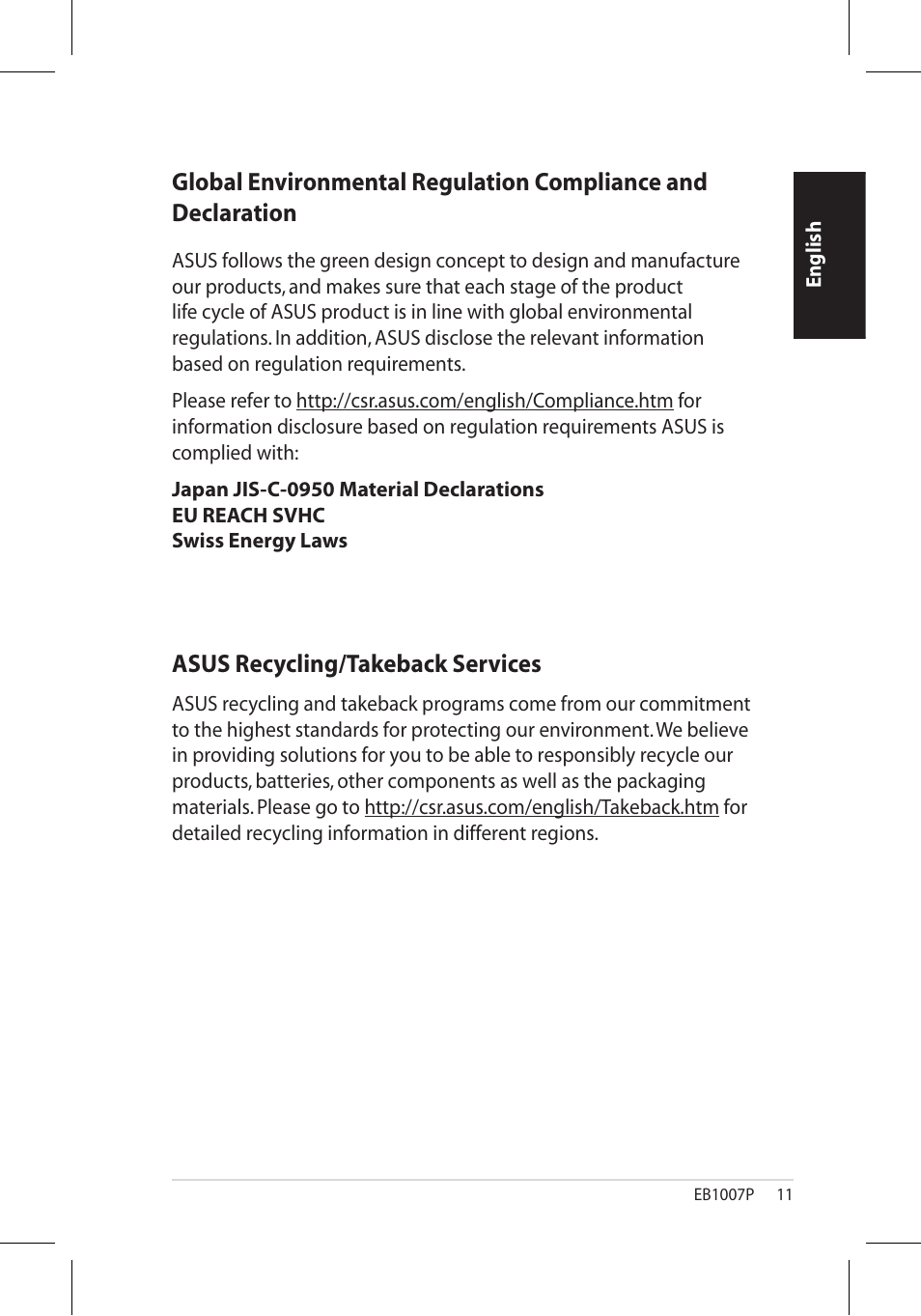 Asus recycling/takeback services | Asus EB1007P User Manual | Page 11 / 34